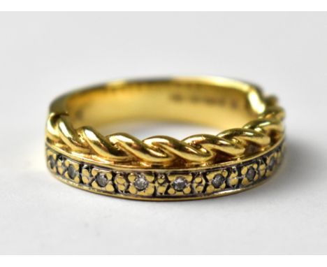 A modern 9ct gold half eternity ring set with a row of eleven tiny diamonds (stated weight approx 0.1ct) and rope twist borde