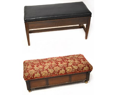Two piano stools to include a mid-20th century mahogany example with black faux leather top, containing a quantity of sheet m