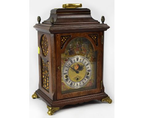 A 20th century modern Dutch reproduction burr walnut effect chiming mantel clock, inscribed 'Christiaan Huygens' on the front