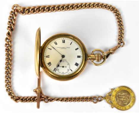 A Gold plated Dennison half hunter pocket watch, enamelled dial set with Roman numerals and seconds dial,  marked Thomas Russ