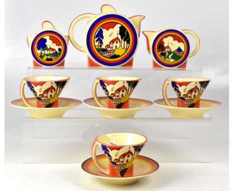 A Moorland 'Huntley Cottage' pattern breakfast tea service decorated in the style of Clarice Cliff, comprising circular teapo