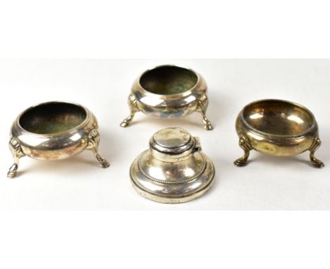 A hallmarked silver salt on hoof supports, a small hallmarked silver capstan inkwell, approx weighable 1.26ozt and a pair of 