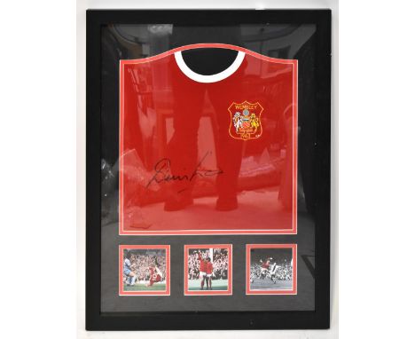A replica Wembley 1963 football shirt signed by Denis Law, framed with three photographs playing in that match, with certific