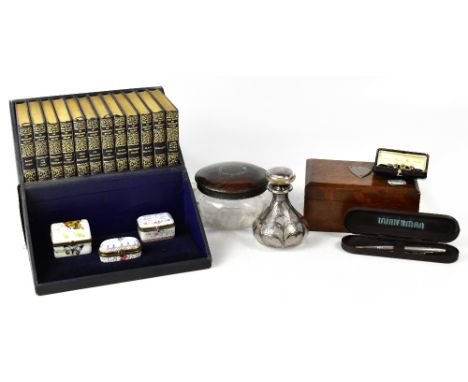 A collectors' lot containing four hallmarked silver collar studs by Marie Ward for Liberty, stamped '925MW', boxed, a glass p