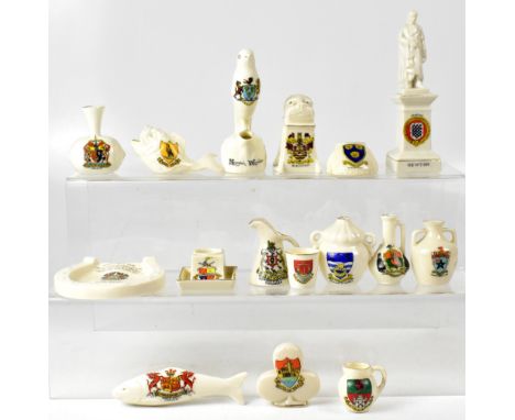 A group of crested ware, various factories to include Grafton China dolphin, a Swan China Norwich Warbler, Willow Art statue 