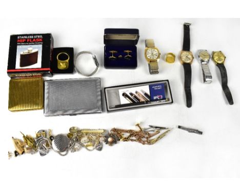 A mixed lot of gentlemen;s items to include a hip flask, cufflinks, a gold plated sovereign-style ring, size U, a rolled gold