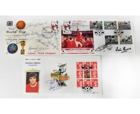 FOOTBALL; a World Cup first day cover bearing numerous signatures, a first day cover bearing the signature of George Best and
