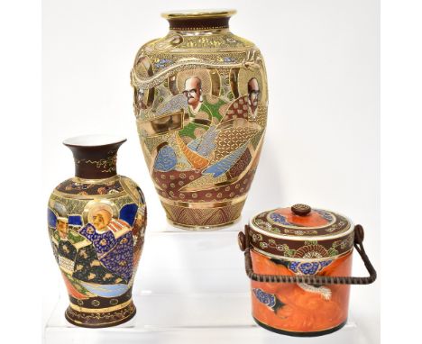 Early 20th century Satsuma ware to include a baluster vase decorated with Immortals, enamel colours to include red, blue and 