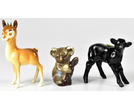 BESWICK; a rare model of a black Aberdeen Angus calf, 7 x 7cm, a Bambi, and a koala bear (3).