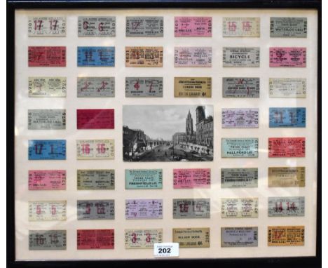 LIVERPOOL INTEREST; a framed montage of Overhead Railway ticket stubs, with a central postcard of the Overhead Railway and St