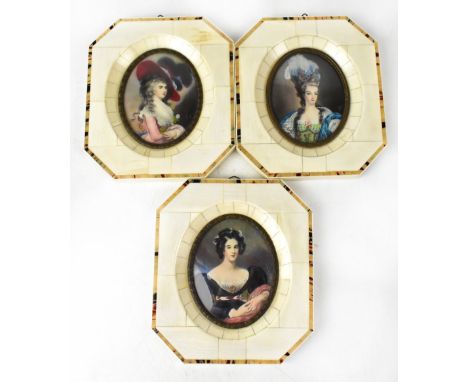 Three late 19th/early 20th century oval portrait miniatures, possibly of the 'Windsor Beauties', each depicting an elegantly 