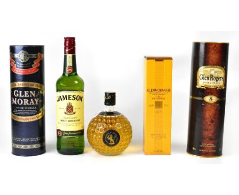 Two bottles of single malt scotch whisky comprising Glen Rogers Pure Malt eight year old, in presentation tin, Glen Moray Sin