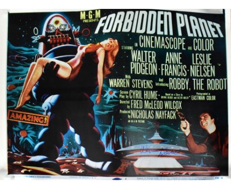 FORBIDDEN PLANET; a small copy of the poster for the film, bearing the signature of Warren Stevens, 28 x 35.5cm, unframed.We 