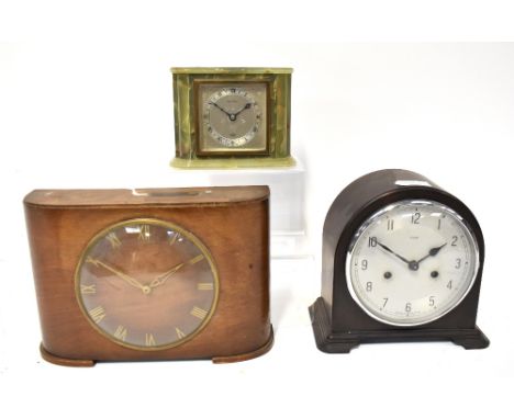 A Green onyx Art Deco style mantel clock, the silvered dial signed Pyke & Sons, an Elliott clock, a mid-20th century Enfield 