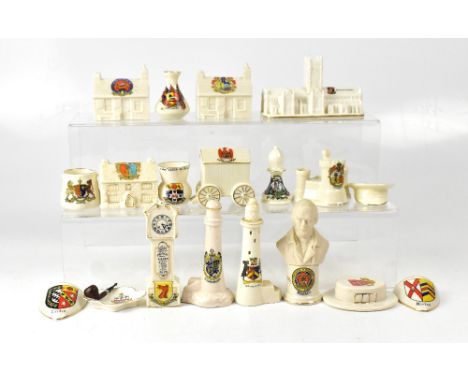 A group of crested ware, various makers to include Fairy Ware ashtray with a realistic pipe, Crown China bust of Robbie Burns