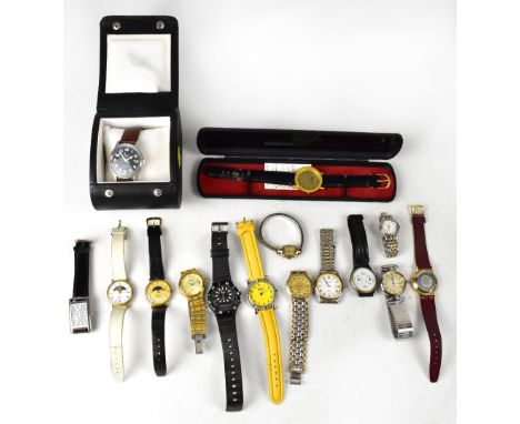 A large collection of ladies' and gentlemen's fashion watches to include two quartz moon phase fashion watches, an Hermès exa