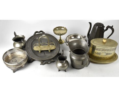 A mixed lot of metalware to include plated ware, 19th century pewter ware to include plate warmers, coffee pot, jug, twin han