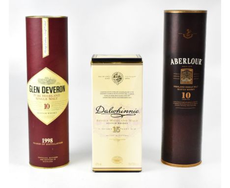 Three bottles of Scotch single malt whisky comprising Dalwhinnie fifteen year old in presentation box, a bottle of Glen Dever