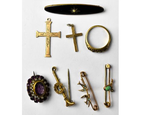 A mixed group of gold and other jewellery to include an 8ct (333) ring with two sapphires and three white stones, a 9ct gold 