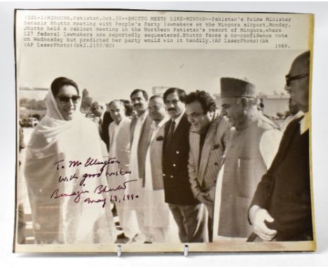 BENAZIR BHUTTO; a black and white photograph inscribed 'To Mr Ellington, with good wishes, May 19, 1990' and bearing the sign