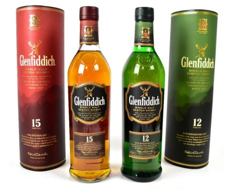 Two boxed bottles of Glendiddich Scotch whisky, 15 and 12 years, each 700ml (2).
