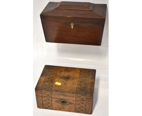 A 19th century mahogany tea caddy of sarcophagus shape, the twin internal compartments lacking lid, together with a German wa