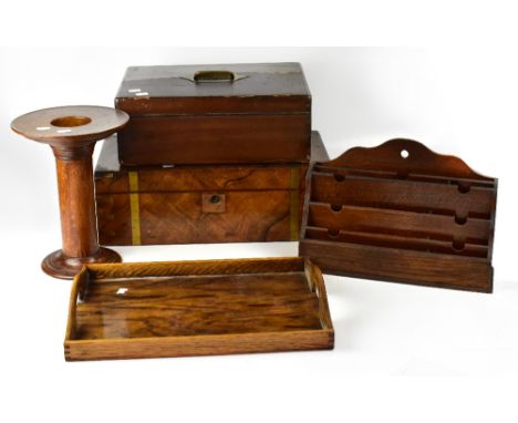 A 19th century brass bound walnut writing slope with velvet insert slope and fitted interior 17 x 15 x 25cm (af), together wi
