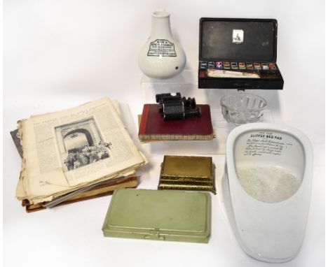 A quantity of kitchenalia and various other household items to include a ceramic, 'The New Slipper' bed pan with explicit ins