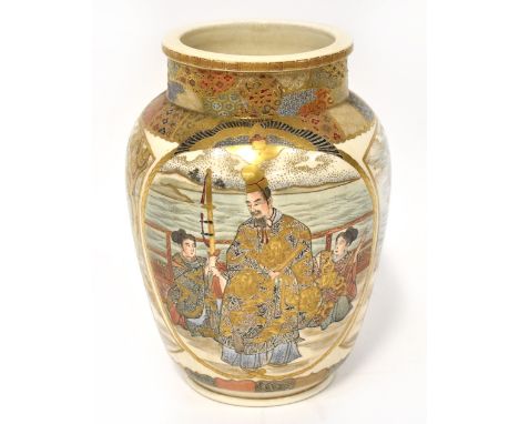 A Japanese Meiji Period Satsuma vase with richly decorated abstract and scenic panels to the neck, above medallions of hand p