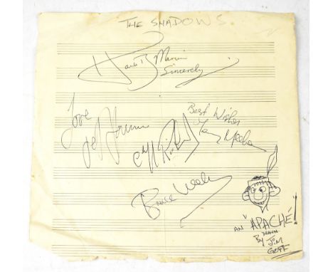 THE SHADOWS & CLIFF RICHARD; a music sheet signed by Hank Marvin, Bruce Welch, Tony Meehan, Jet Harris and Cliff Richard, wit