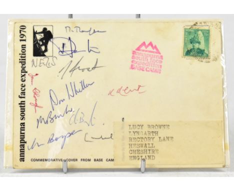 A signed first day cover commemorating the Expedition to climb the South Face of Anna Purna, bearing eleven signatures from t