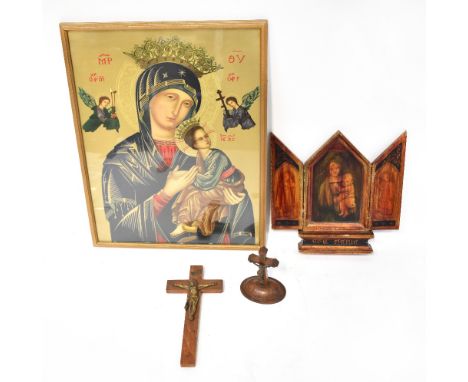 A 20th century painted wooden folding triptych with printed portrait of the Madonna and Child and angels, a wooden cross with