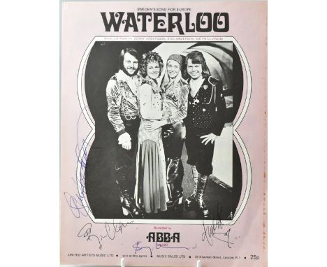 ABBA; a music score for 'Waterloo', bearing the signatures of the four stars, 28 x 21.5cm.We have not authenticated these sig
