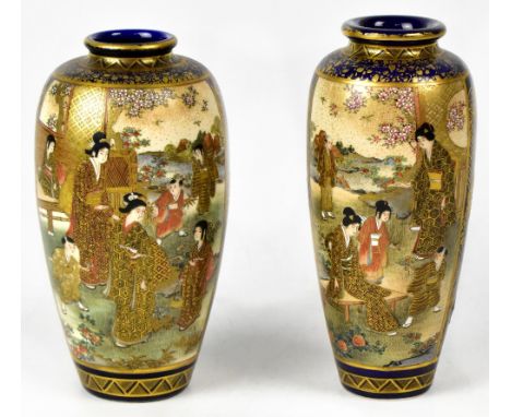 A Japanese Satsuma vase of tapering form, painted with Samurai warriors within a garden landscape opposed by a panel of women