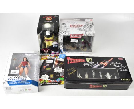 TV & FILM; five items relating to television and films including a Thunderbirds plastic chess set bearing the signatures of S