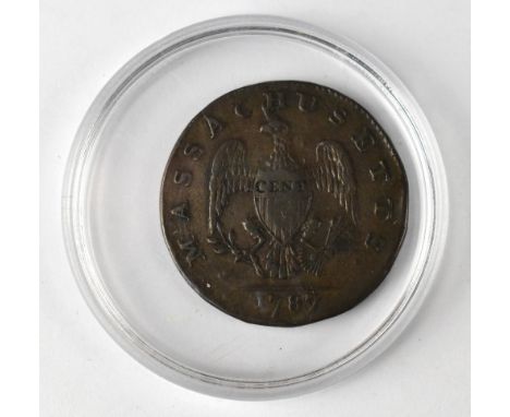 An American 1787 Massachusetts Commonwealth one cent coin, with American Eagle and shield and Native American with bow and ar