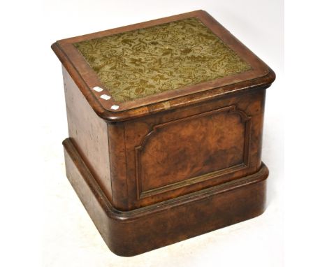 A Victorian burr walnut and mahogany box commode and contents, the upholstered hinged lid opening to reveal a wooden seat abo