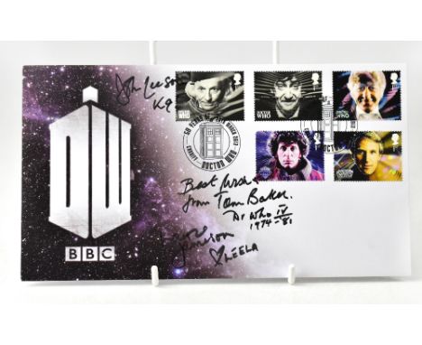 DOCTOR WHO; a first day cover bearing the signature of Tom Baker, along with two others.We have not authenticated these signa
