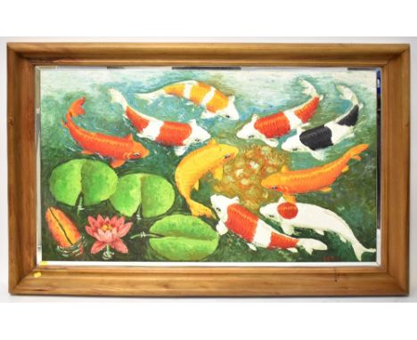UNATTRIBUTED; an impressively large oil on canvas depicting nine koi carp feeding together within a pond, with lily pads and 