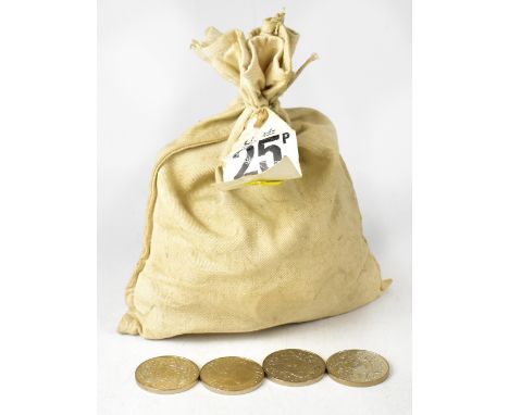 A canvas bank bag containing a large quantity of uncirculated 1977 Silver Jubilee 25p coins, with bank ticket that states tot