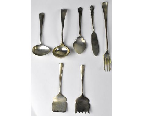 A mixed group of hallmarked silver table cutlery to include pickle fork, small ladle, spoon leveller, etc, combined approx 5o