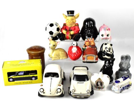 A collection of ceramic and resin money banks to include Star Wars 'Darth Vader', Volkswagen Beetle, Ford Escort 55 diesel va