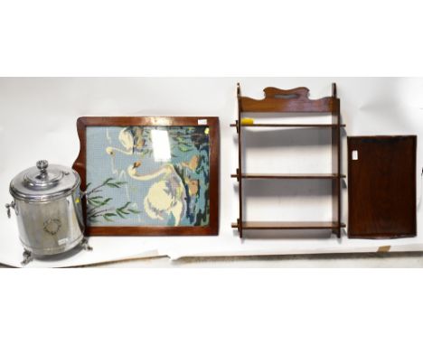 Various items of furniture to include a three-shelf oak unit with pegged joints to the sides, height 66cm, a 1920s chrome pla