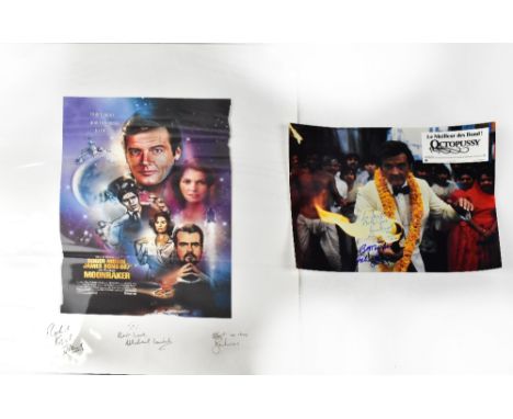 JAMES BOND; a coloured print for the film 'Moonraker', bearing signatures of Roger Moore, Michael Lonsdale and Richard Kiel, 