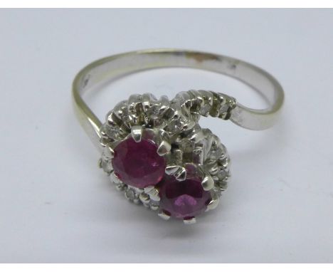 An 18ct white gold, white stone and ruby double cluster ring, 5.3g, W