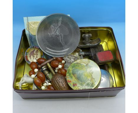 Assorted items, a micro mosaic frame, a bead necklace, a German nut cracker, etc.