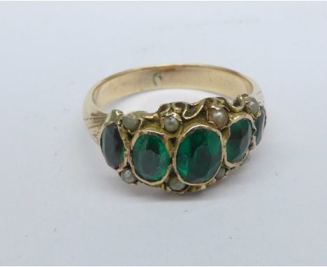 A Victorian 9ct gold, green stone and pearl ring, 2.6g, M