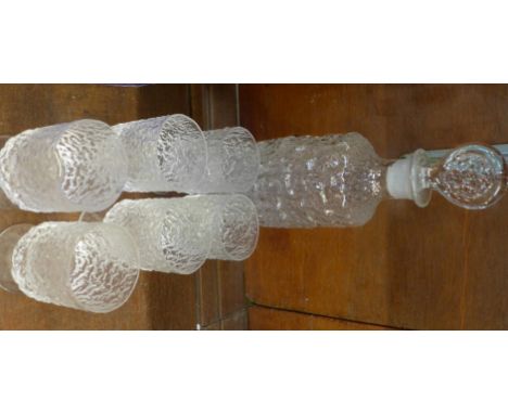 Six Whitefriars glass bark goblets and a similar decanter, small chips to rims of three glasses