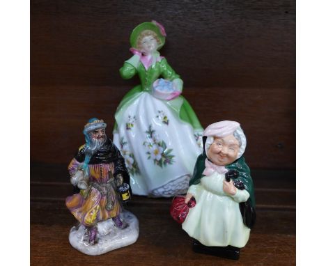 Two Royal Doulton figures, Sairy Gamp and Good King Wenceslas figures and a limited edition Royal Worcester Sweet Holly figur