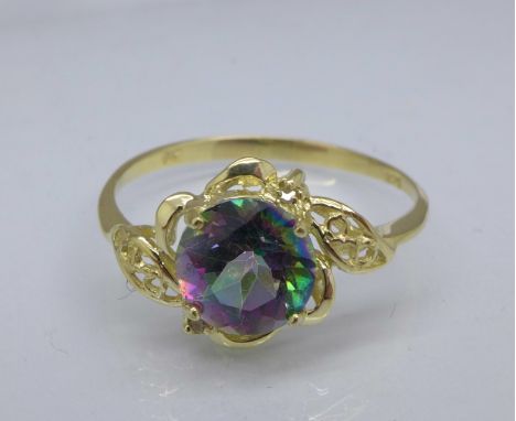 A 9ct gold, mystic topaz and diamond ring, 1.3g, O